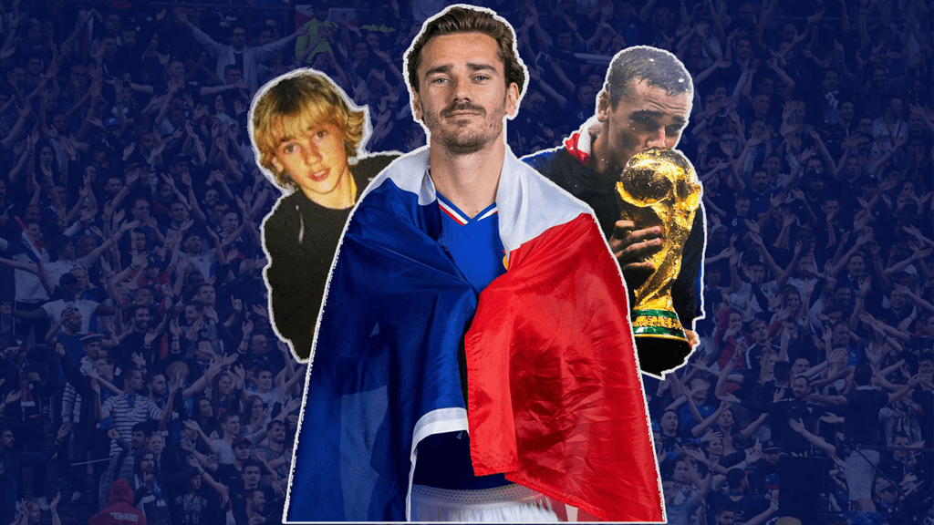 Montage de trois portraits d'un joueur d'Antoine Griezmann : adolescent, drapé dans le drapeau tricolore et embrassant la Coupe du monde, devant les tribunes d'un stade
